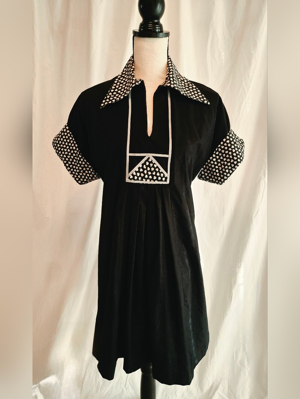 Vintage 70's Indigo Black Mini Dress with Printed Clover Trim Made In Scotland